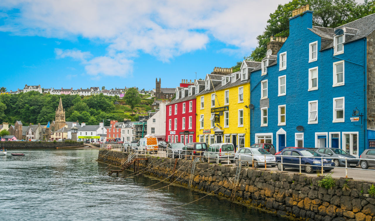 High angle view at a harbor in Tobermory on Scotland coast
